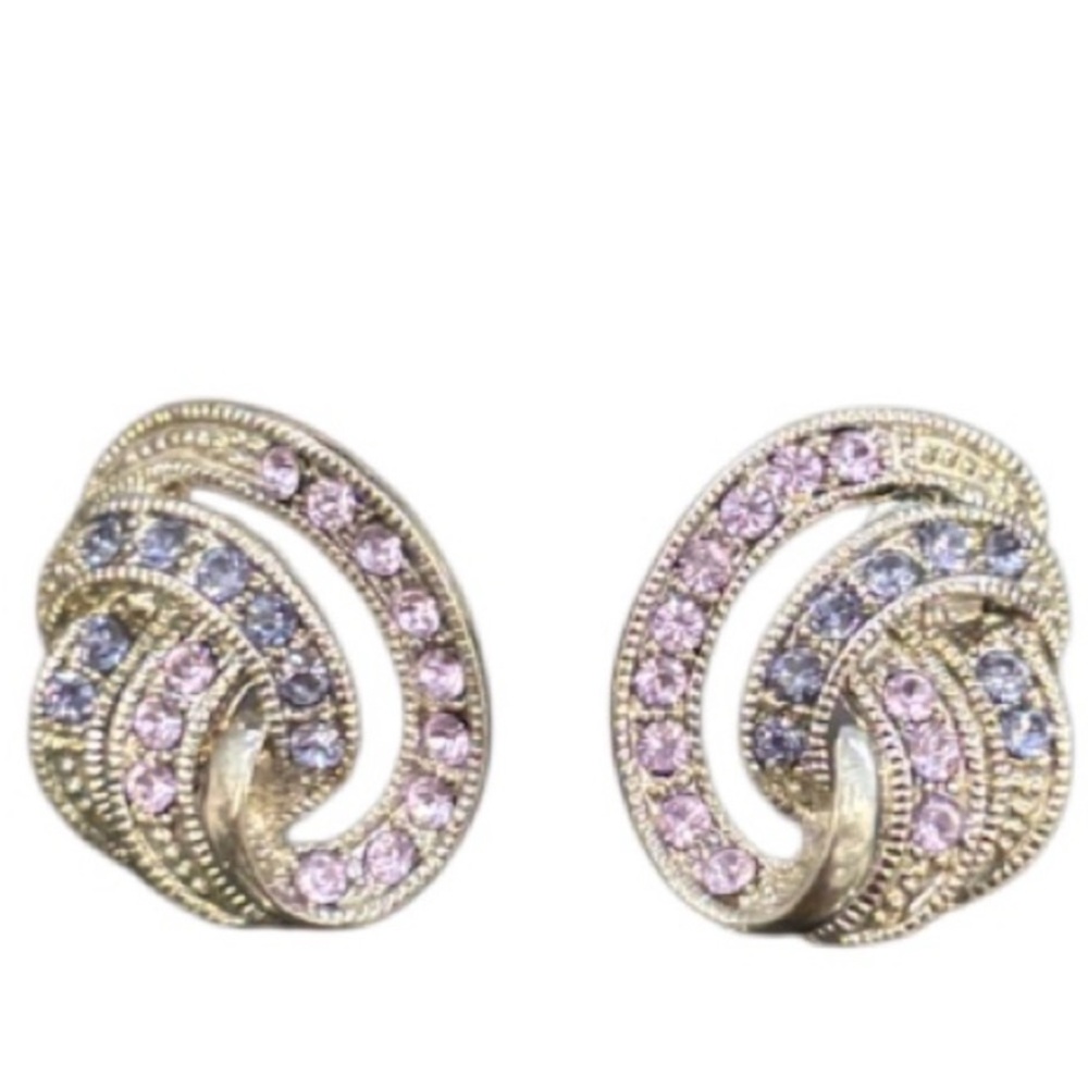 Vintage Earrings Sparkling Pink Purple Crystal Cubic Zirconia Formal Swirl Knot - Picture 13 of 16